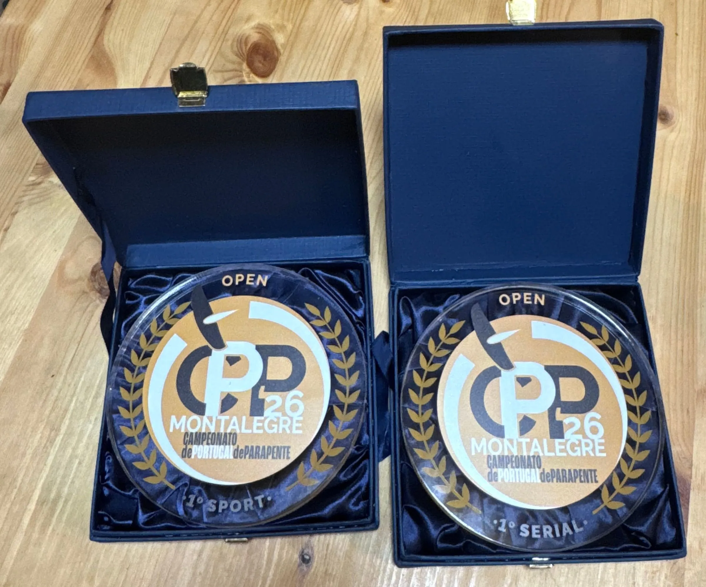 Two CPP26 Montalegre trophies in presentation boxes: 1st Sport and 1st Serial